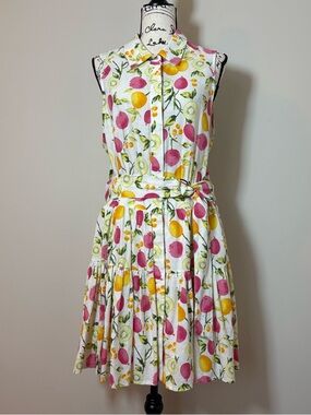 Cynthia Rowley Pink Yellow Fruit Print Linen Blend Tiered Sundress SZ 12 Whimsy